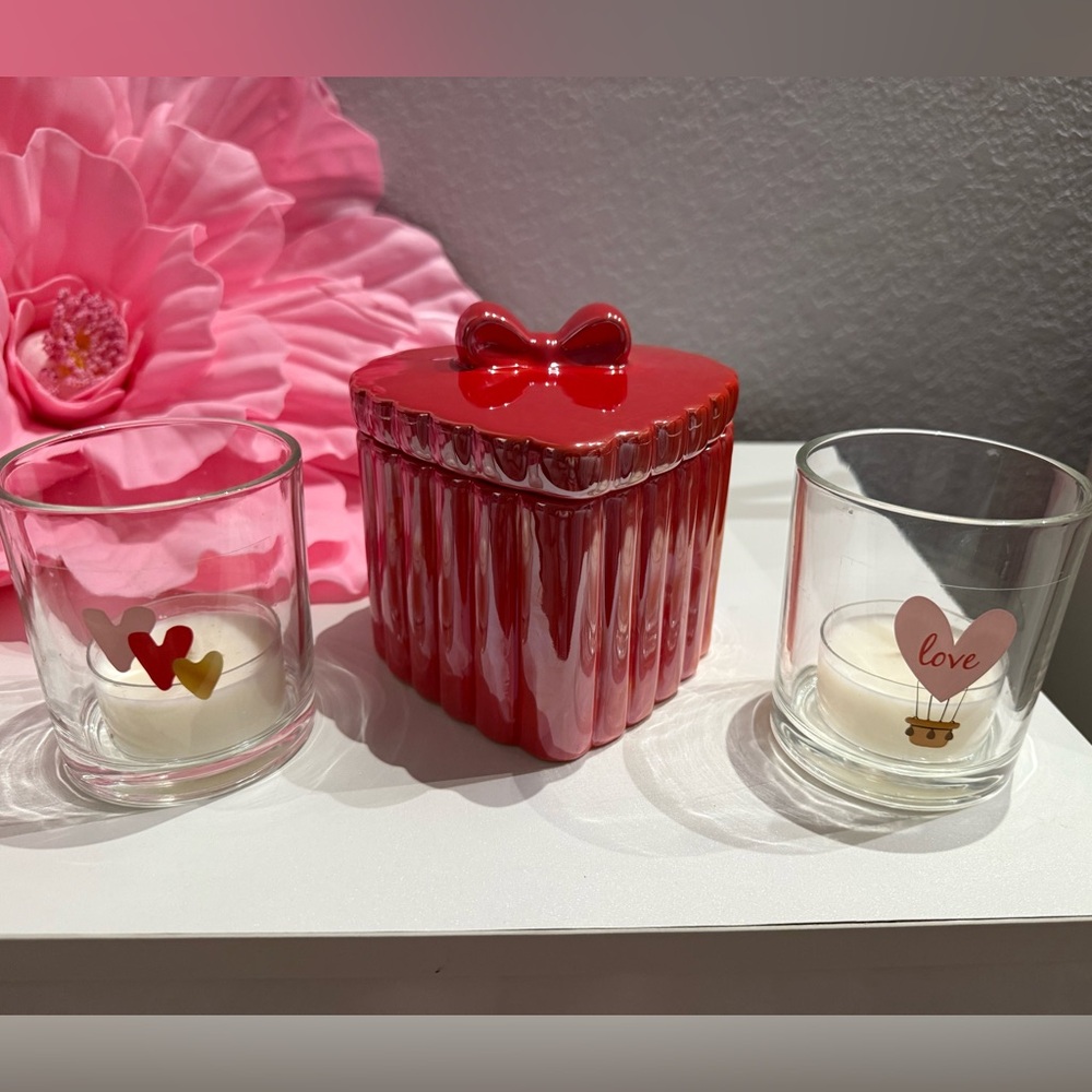 Red Heart-Shaped Ceramic Container with Bow and Two Candle Holders